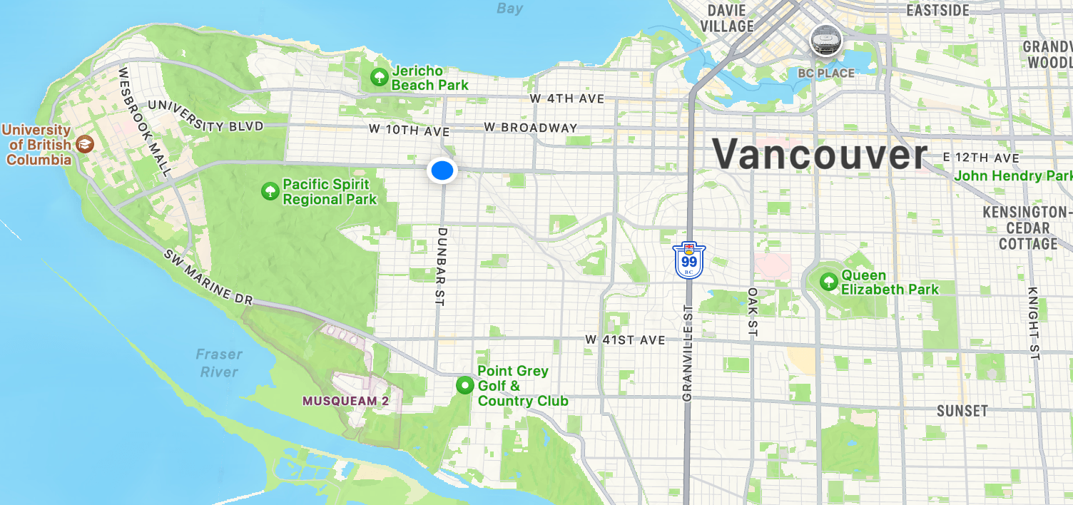 Map of Vancouver with blue location dot in the middle